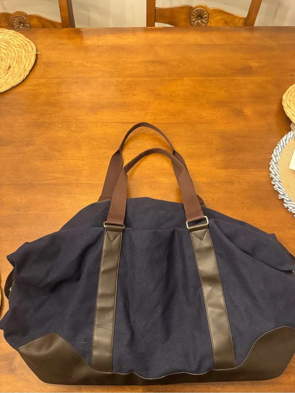 Classic Navy Canvas Duffel Bag with Brown Trim